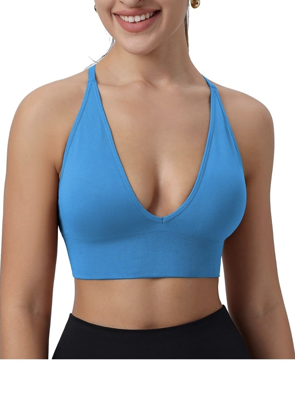 NWT SHAEND Seamless V-Neck Bralette Crop Top Blue Sports Bra Size Large